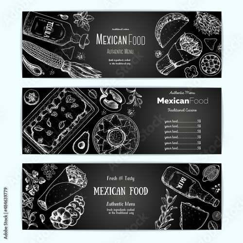 Mexican food design template. Banners set. Mexican food cafe menu. Vector illustration. Engraved style