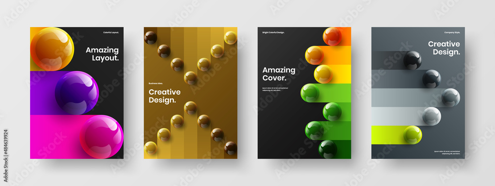Amazing handbill A4 design vector illustration bundle. Colorful 3D spheres pamphlet template set.