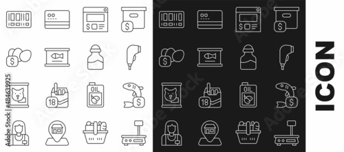 Set line Electronic scales, Price tag for fish, Scanner scanning bar code, Online ordering and delivery, Canned, egg, Barcode and Spice icon. Vector
