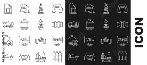 Set line Industrial gas cylinder tank, Location and station, Metallic pipes valve, Oil rig, Propane, Tanker truck, Canister for motor oil and with fire icon. Vector