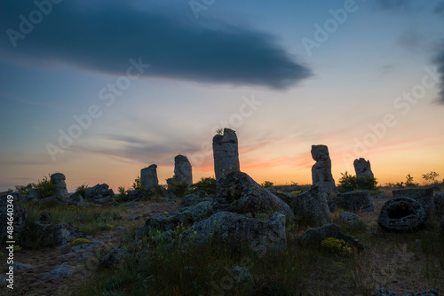 Beautyful sunrise over The Stone Desert Pobiti Kamani - fabulous rock phenomenon in Varna Province, Bulgaria - tourist destination