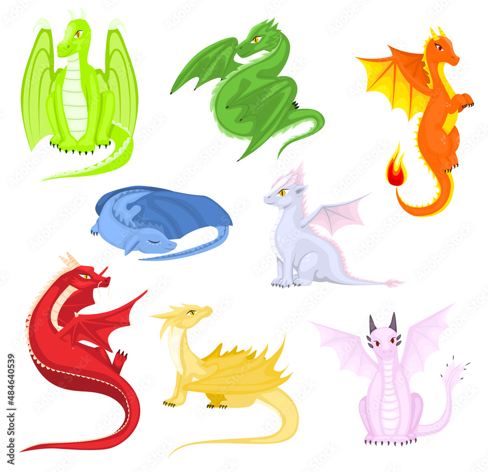 Obraz premium Fairy dragons. Funny fairytale dragon, cute magic lizard with wings and baby fire breathing serpent. Vector cartoon illustration of fire breathing monsters from medieval mythology