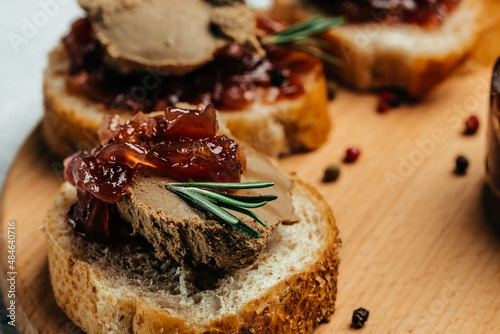 Homemade duck liver pate with red onion jam. Gourmet appetizers, Assorted Italian appetizer bruschetta