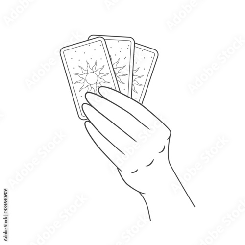 Tarot cards in hand. Vector linear illustration isolated on white background