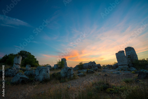Beautyful sunrise over The Stone Desert Pobiti Kamani - fabulous rock phenomenon in Varna Province  Bulgaria - tourist destination