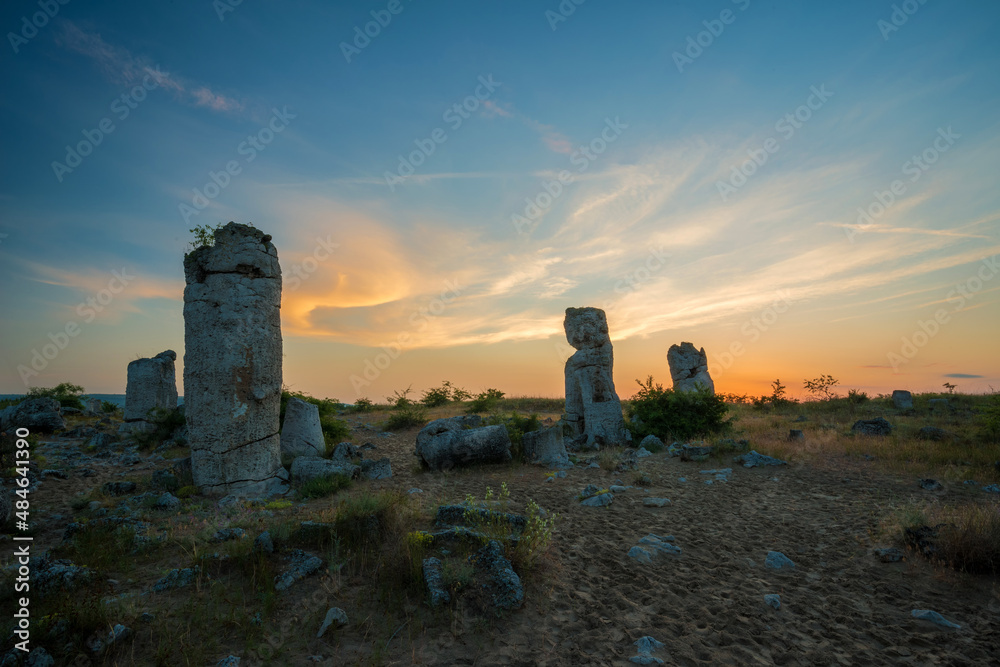 Obraz premium Beautyful sunrise over The Stone Desert Pobiti Kamani - fabulous rock phenomenon in Varna Province, Bulgaria - tourist destination