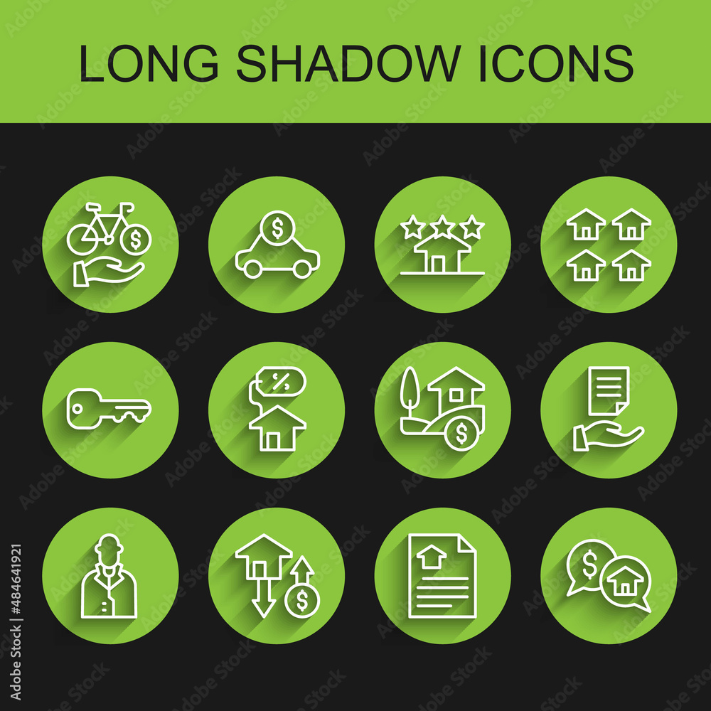 Set line Realtor, House with dollar, Bicycle rental mobile app, contract, Price negotiation, percant, and icon. Vector Set line Realtor, House with dollar, Bicycle rental mobile app, contract, Price negotiation, percant, and icon. Vector