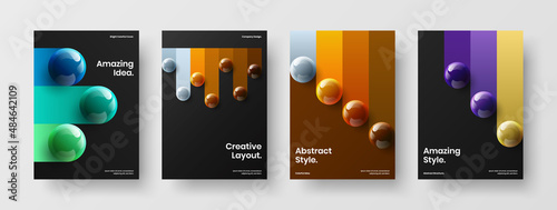 Amazing 3D spheres flyer illustration set. Modern booklet A4 design vector template bundle.