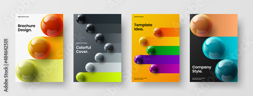Clean realistic spheres flyer illustration composition. Modern booklet A4 vector design template collection.