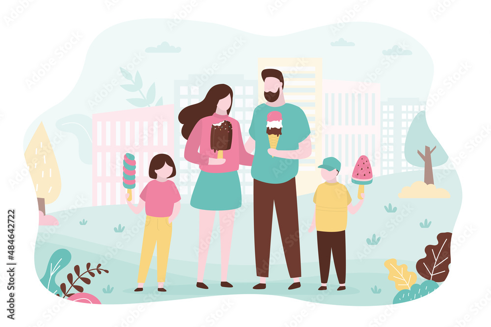 Parents bought children ice cream on walk. Family enjoying summer frozen desserts in park Parents bought children ice cream on walk. Family enjoying summer frozen desserts in park