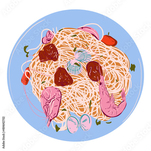 Illustration of pasta with seafood on top on a white background