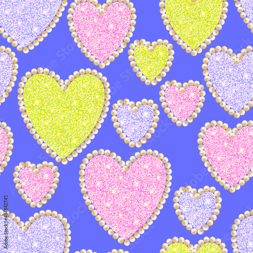 Seamless pattern of hearts with sequins glitter effect pearls