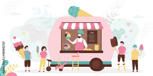Children buys ice cream in van. Man sells various frozen desserts in food truck. Schoolboy eats popsicle in chocolate glaze