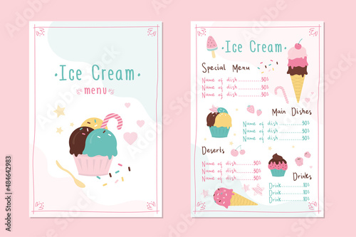 Colourful template for ice cream menu. Restaurant brochure with different types of gelato. Cafe menu with desserts and drinks