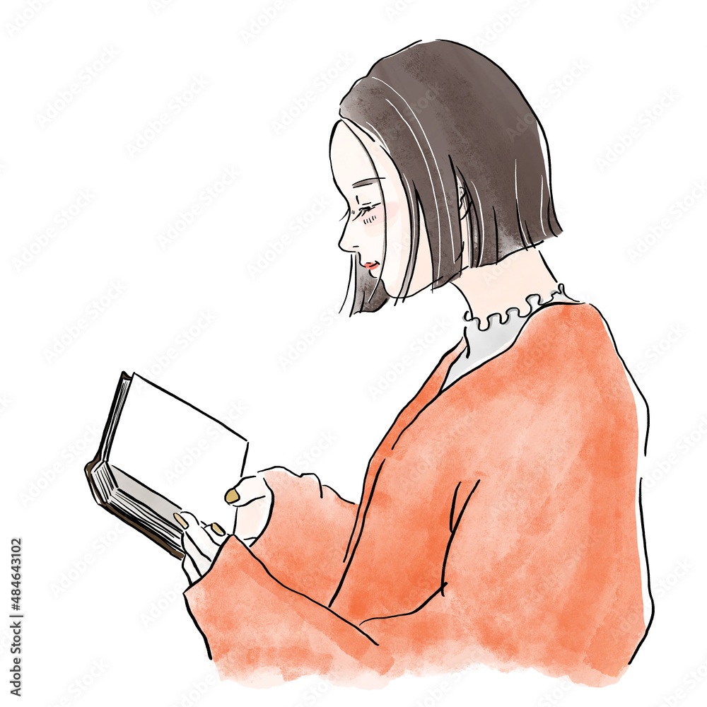 女性 イラスト 水彩 本を読む 読書 横顔 Stock Illustration Adobe Stock