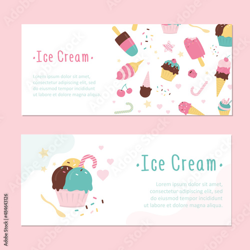 Printable cards with place for text, template. Posters with ice cream. Various ice-cream with sprinkles and berries. Balls different ice cream in cup. Colorful layout.