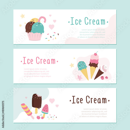 Set of printable posters. Cards with ice cream, template. Various ice-cream with sprinkles and berries. Balls different ice cream in cup. Colorful layout. Card with place for text.