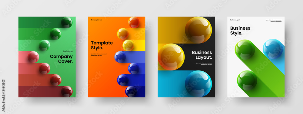 Vivid company identity design vector template set. Original realistic spheres flyer layout composition.