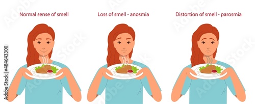 Normal sense of smell, anosmia and parosmia are the consequences of a coronavirus infection. A woman sniffs a plate of food. Vector flat illustration isolated on white background