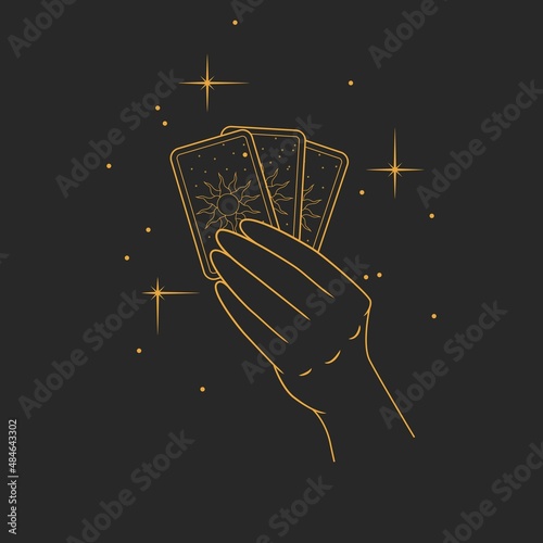 Tarot cards in hand. Vector linear illustration isolated on dark background