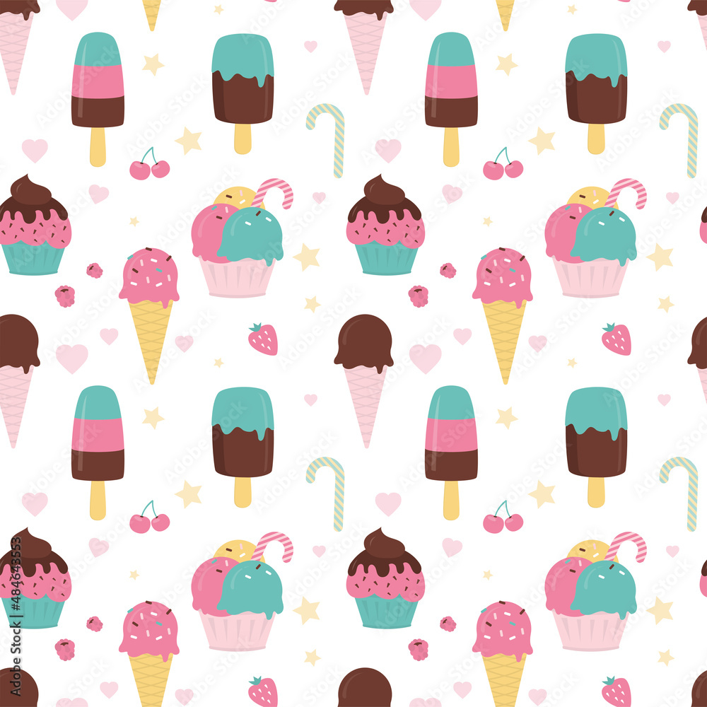 Seamless pattern with various types of ice cream. Cold dessert, textile decoration. Background template, colorful texture with sweet frozen dairy food.