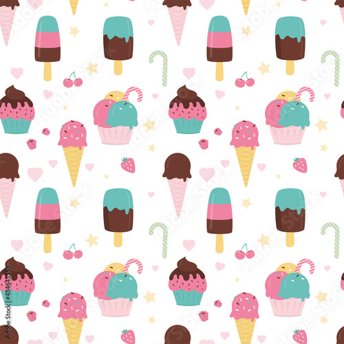 Seamless pattern with various types of ice cream. Cold dessert, textile decoration. Background template, colorful texture with sweet frozen dairy food.