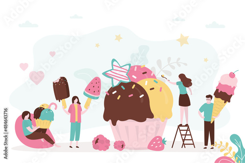 People eat different summer frozen desserts. Group of young adults enjoy ice creams. Happy woman eating popsicle. Handsome man eats delicious gelato. Yummy sweet food.