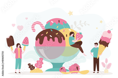 People eat and enjoy summer frozen desserts. Ice cream balls with different flavors in cup