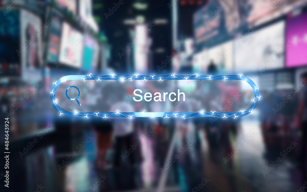 Modern illustrated search field of an online search engine with a busy city with many lights in the background, digitization, maps, research, internet Modern illustrated search field of an online search engine with a busy city with many lights in the background, digitization, maps, research, internet
