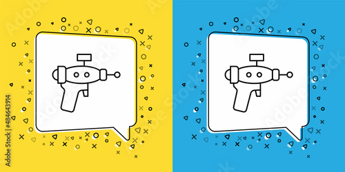 Set line Ray gun icon isolated on yellow and blue background. Laser weapon. Space blaster. Vector