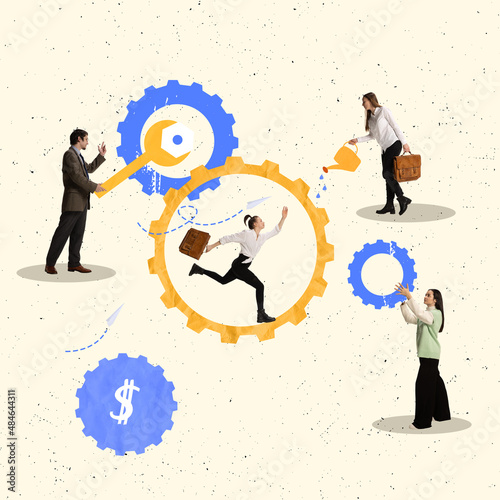 Contemporary art collage. Business people working together on project, improving business machine photo
