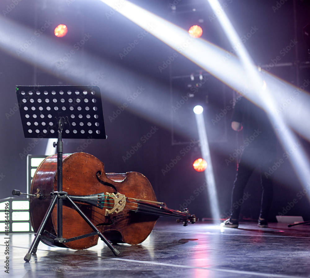 Fototapeta premium Musical instruments - two double bass or contrabass are in the orchestra room. In pending of the musicians before the rehearsal.