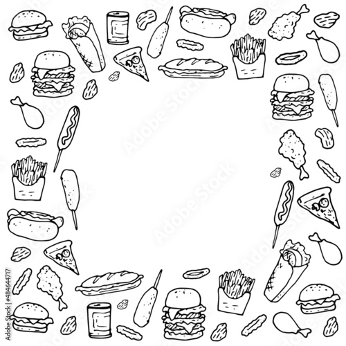 square frame made of fast food. vector pattern of ice cream, croissants, pizza, hamburgers, sandwiches, hot dog, with an empty space inside drawn in doodle style, black isolated outline for restaurant