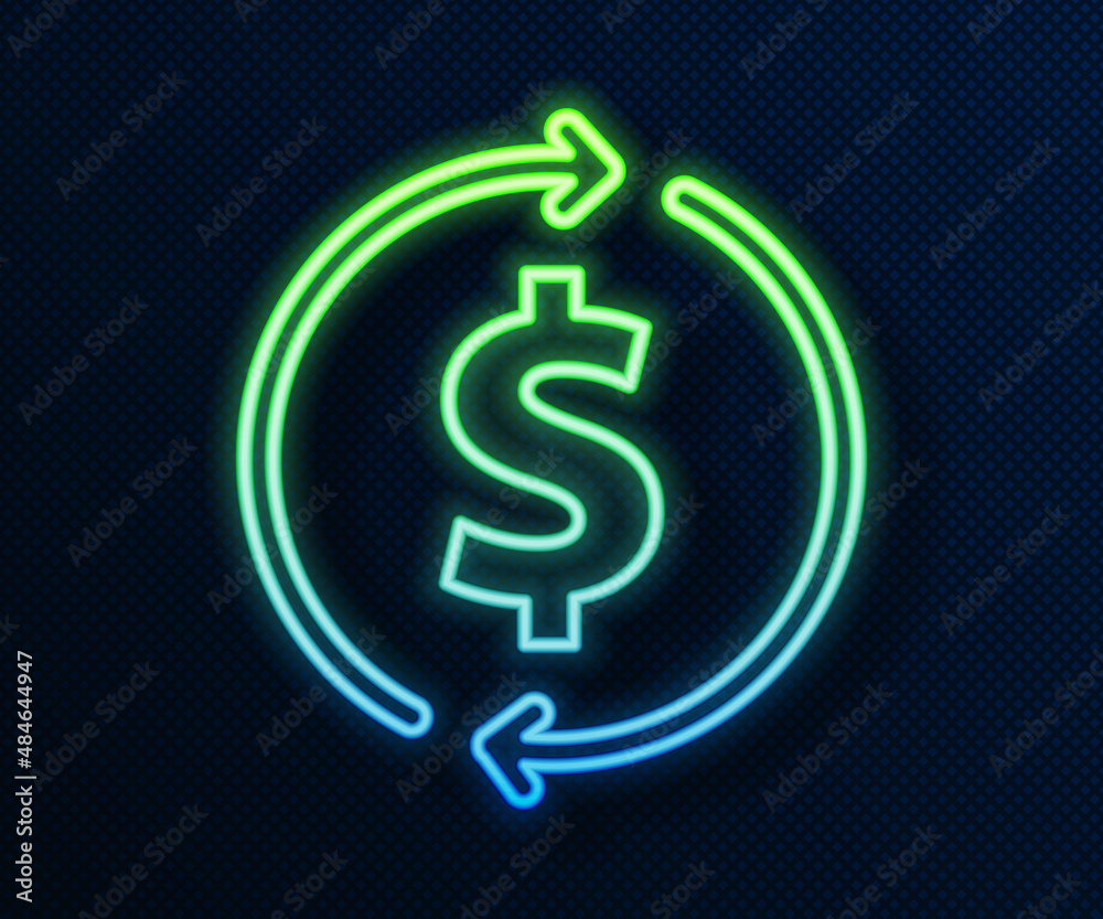 Glowing neon line Financial growth and dollar coin icon isolated on blue background. Increasing revenue. Vector