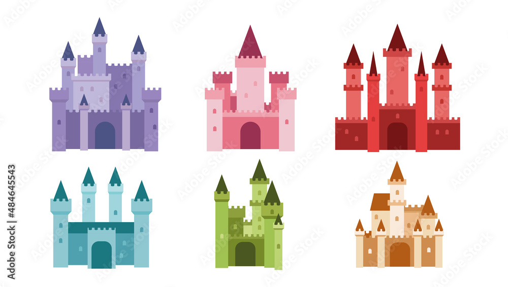 Set of different types of fairy medieval castles white background. Vector gothic palaces with towers or ancient citadel in cartoon style.
