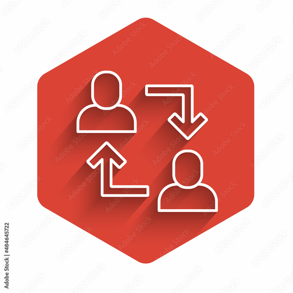 White line Project team base icon isolated with long shadow. Business analysis and planning, consulting, team work, project management. Red hexagon button. Vector White line Project team base icon isolated with long shadow. Business analysis and planning, consulting, team work, project management. Red hexagon button. Vector