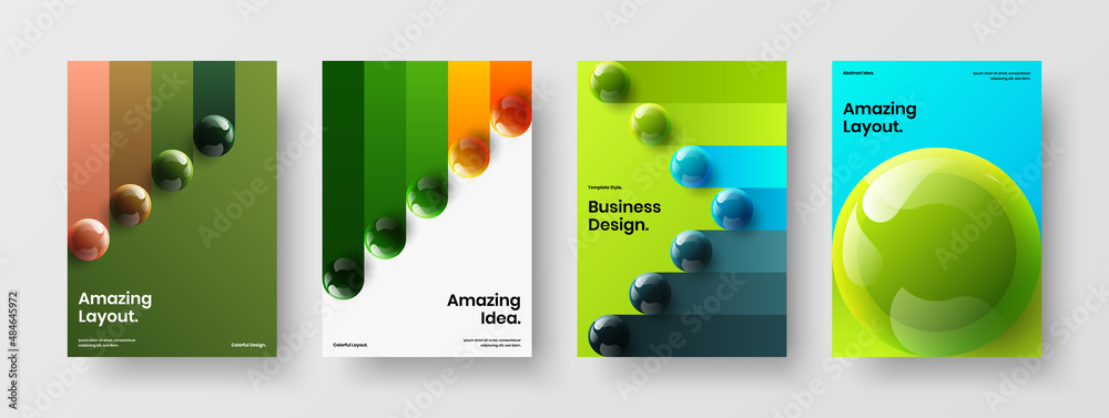Colorful 3D spheres catalog cover illustration composition. Fresh presentation vector design concept set.