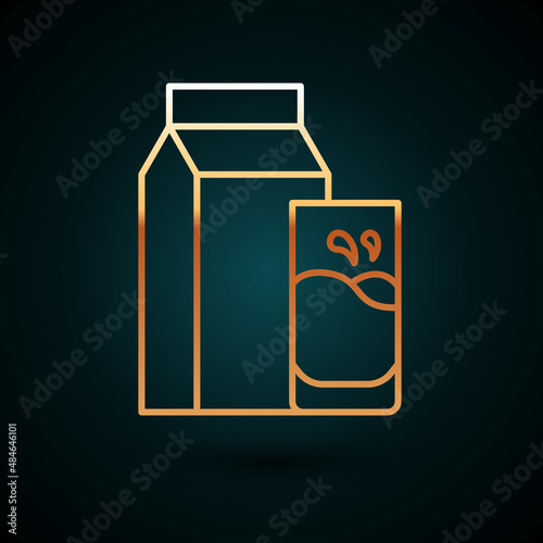 Gold line Paper package for kefir and glass icon isolated on dark blue background. Dieting food for healthy lifestyle and probiotics fulfillment. Vector