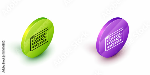 Isometric line Browser setting icon isolated on white background. Adjusting, service, maintenance, repair, fixing. Green and purple circle buttons. Vector