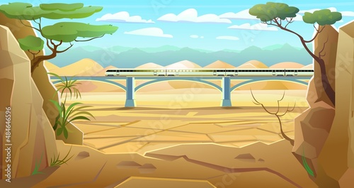 Train goes over bridge. Desert sand. Landscape of southern countryside. Drought cracked desert land. Cool cartoon style. Vector