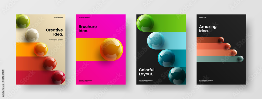 Geometric corporate brochure design vector template collection. Simple 3D spheres magazine cover concept bundle.