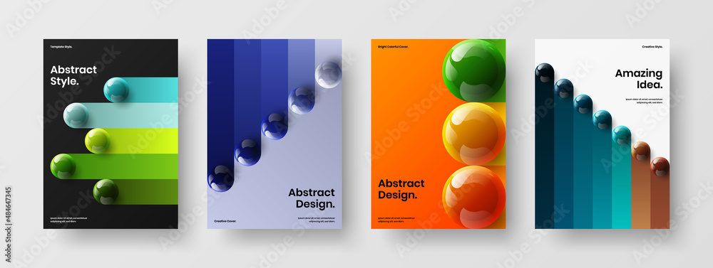 Clean postcard vector design template composition. Unique realistic spheres company identity layout set.