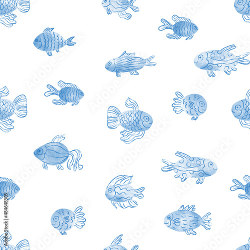 Beautiful seamless pattern with blue fish. Hand painted watercolor illustration on white background. Great for fabrics, wrapping papers, wallpapers. © Anna Druzhkova