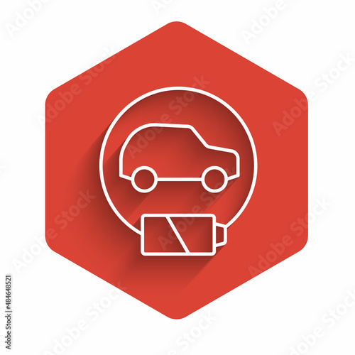 White line Electric car and electrical cable plug charging icon isolated with long shadow background. Renewable eco technologies. Red hexagon button. Vector
