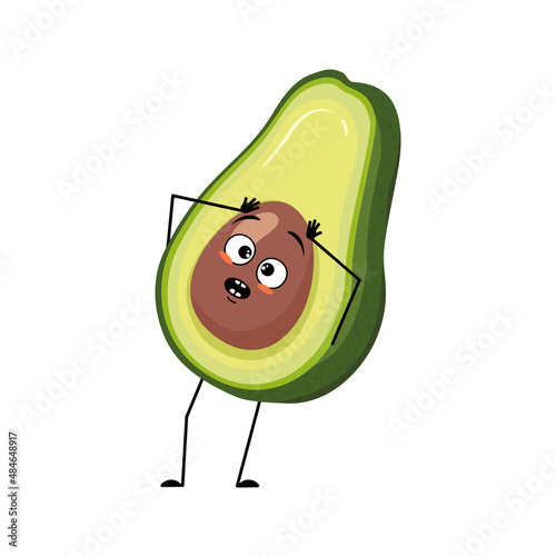 Avocado character with emotions in panic grabs his head, surprised face, shocked eyes, arms and legs. Person with scared expression, vegetable emoticon. Vector flat illustration