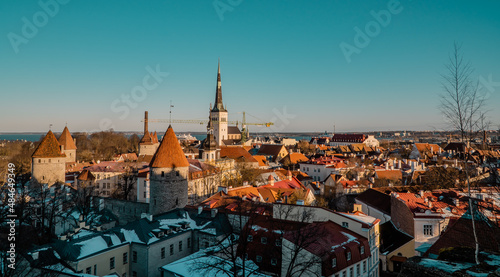 Beautiful panoramic sunset view of the old town of Tallinn, Estonia from Patkuli viewing platform