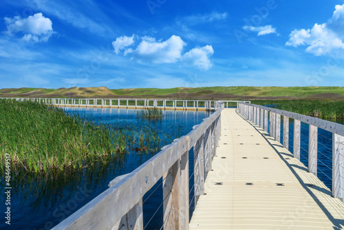 Floating boardwalk heading to the dunes in Prince Edward Island National Park  Canada.