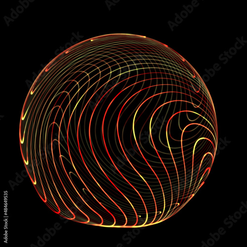 Wireframe red sphere with twisted lines. Futuristic technology circle with twisted glowing lines. Abstract 3d logo. Illustration of curled stripes shape.