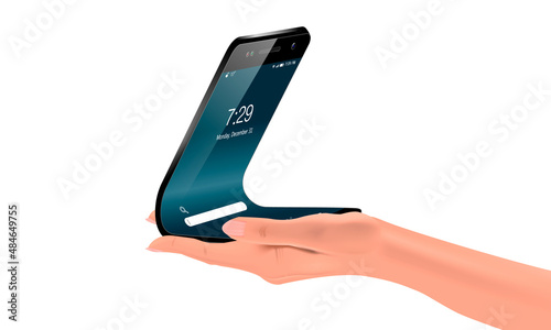 Curved phone in hand, realistic isolated vector illustration