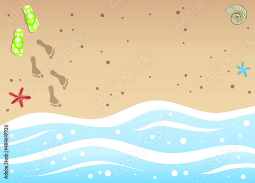 Top view of sea shore waves with marine stars, shell, flip flops and footprints on sand. Summertime vector illustration with copy space for text.